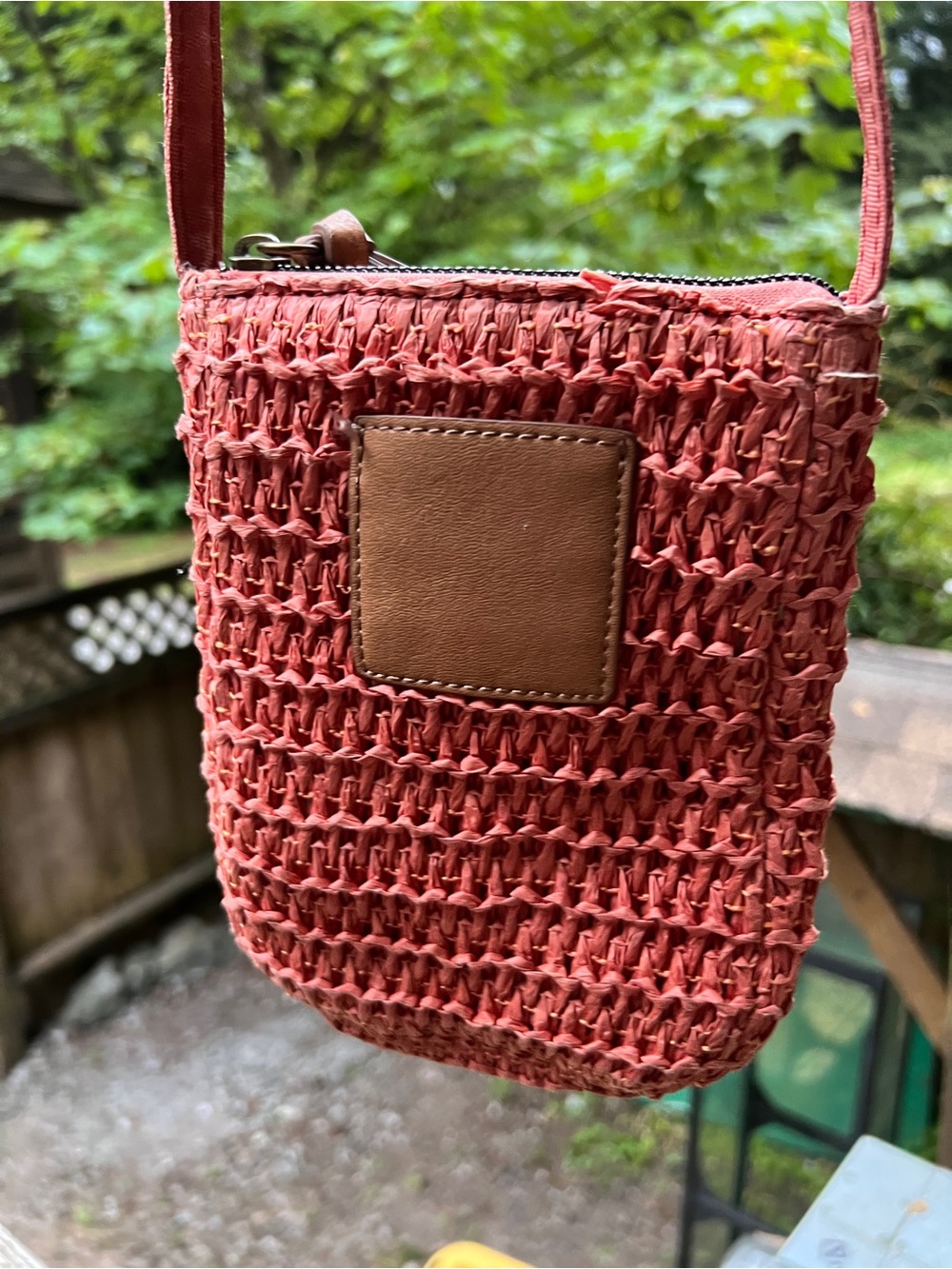 Terracotta Woven Crossbody Bag with Leather Patch